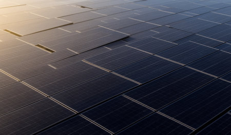 Rows of solar panels stretch across the surface, soaking up the early morning sunlight. This clean energy source showcases innovation and hope for a greener tomorrow.の写真素材