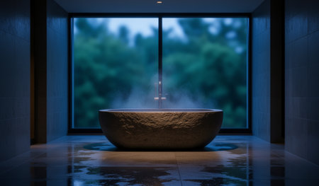 Steam rises gently from a large stone soaking tub set in a peaceful room. The large window frames lush greenery outside, enhancing the calm atmosphere as soft light filters in.の写真素材