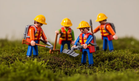 Four colorful figures dress as construction workers are focused on digging and building in a lush green area. They share tools and collaborate, showcasing teamwork in a vibrant environment.の写真素材