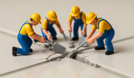 Five tiny construction figures in yellow hats collaborate to fix cracks on tiled flooring. Each worker uses a shovel to restore the surface, showcasing their teamwork and dedication.の写真素材