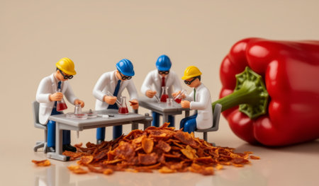 In a whimsical laboratory, four miniature scientists in lab coats and hard hats study vibrant red pepper flakes.の写真素材