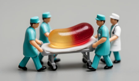 A playful scenario unfolds as a group of miniature medical professionals carefully transport a giant jelly candy on a stretcher.の写真素材