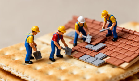 In a creative scene, small toy builders work diligently to build a tiny roof using miniature tiles and tools, showcasing imagination and fun in a unique setting.の写真素材