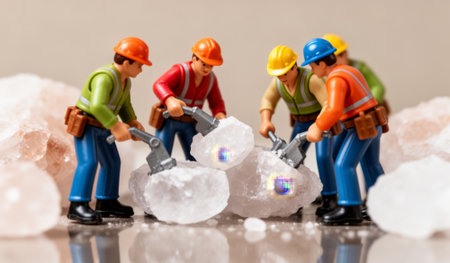 Group of small toy figures dressed in colorful work gear gather around large white crystals. Each worker holds tools, showing teamwork in their effort to excavate the stones.の写真素材