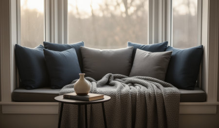 A serene corner is filled with plush pillows and a warm blanket draped over a comfortable seat. Soft afternoon light streams through large windows, creating a peaceful atmosphere.の写真素材