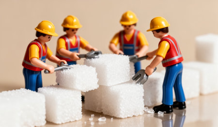 Tiny construction workers work together to stack sugar cubes, creating a playful structure. This scene unfolds on a smooth surface with a warm, inviting atmosphere.の写真素材