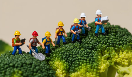 Tiny plastic figures dressed as construction workers climb and survey vibrant broccoli, engaging in work on a playful green landscape that sparks imagination and creativity.の写真素材