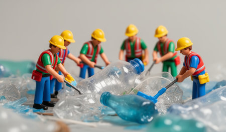 Small figures wearing hard hats gather around to pick up plastic bottles and clear debris on a clean-up day. Their teamwork showcases a commitment to environmental care and responsibility.の写真素材