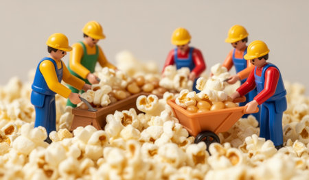 A playful scene unfolds as tiny toy builders work together, shoveling and transporting popcorn kernels in wheelbarrows. The setting is bright and cheerful, perfect for a fun day.の写真素材
