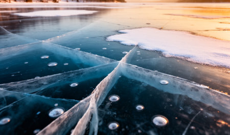 Crystal clear ice covers the lake, revealing intricate patterns and air bubbles below. Beautiful snow patches create a serene winter landscape as the sun sets, pouring warm light across the scene.の写真素材