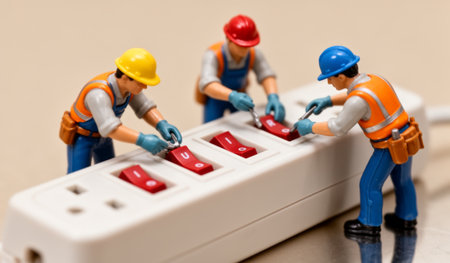 Three tiny construction workers in hard hats focus on fixing switches on a power strip. The indoor setting showcases their teamwork and skillful hands-on approach during a busy day of repairs.の写真素材