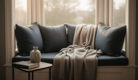 A serene window seat features plush cushions, a soft blanket, and a cozy atmosphere. Natural light streams in, perfect for reading or sipping tea in peaceful solitude.の写真素材
