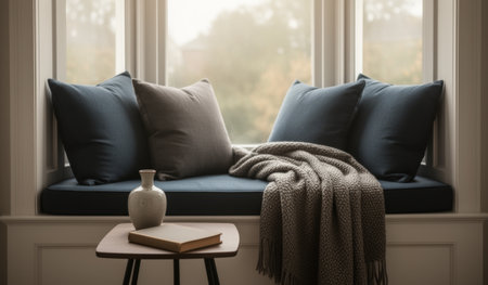 A serene window nook adorned with soft cushions invites relaxation. A light blanket rests nearby, while a vase and a book sit on the small side table, creating a perfect reading atmosphere.の写真素材