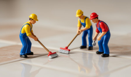 Three small construction figures are hard at work cleaning a tiled floor. With colorful outfits and tools in hand, they focus on making the space shine. The warm light adds a cozy feel.の写真素材