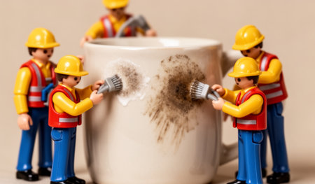 Toy construction workers clad in safety gear humorously scrub a dirty coffee mug. Their playful scene brings a light-hearted touch to household chores in a cozy indoor setting.の写真素材