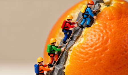 Small figurines dressed as climbers ascend the textured surface of a vibrant orange, showcasing their adventurous spirit. This whimsical scene brings a sense of fun and imagination to everyday life.の写真素材