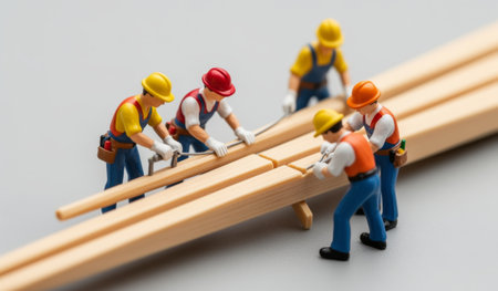Five small figurines in hard hats collaborate to construct a wooden framework. Each worker contributes with careful attention, showing teamwork and creativity in this playful scene.の写真素材