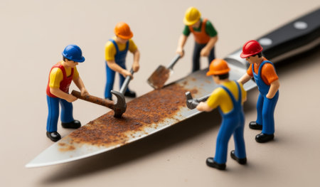 Tiny figures wear hard hats, using tools to scrub away rust from a large knife's surface. They work together in a fun kitchen setting, showcasing their teamwork and determination.の写真素材