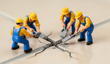 Four miniature construction workers are focused on fixing a crack in a tiled floor. Dressed in bright uniforms and helmets, they wield shovels, creating a lively and imaginative repair scene.の写真素材