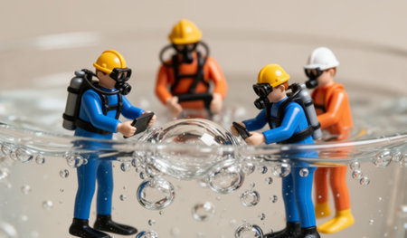 A team of tiny divers dressed in bright suits examines bubbles forming in a glass of water. The scene captures their focused expressions as they conduct their playful underwater research.の写真素材