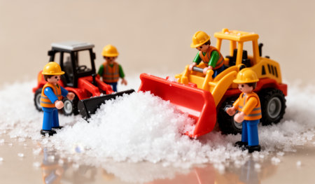 Small figures dressed in hard hats and work vests are working together to clear salt from an area using toy construction vehicles. The scene shows teamwork during winter preparations.の写真素材