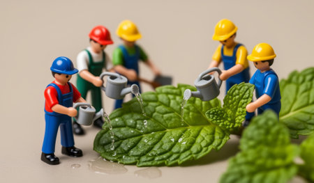 Colorful miniature figures are watering large mint leaves, creating a whimsical scene of teamwork in a small garden. The joyful scene captures the essence of nurturing plants.の写真素材