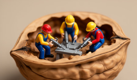 Small toy figures with helmets and tools work diligently on a project within a cracked walnut shell. The fun setting captures creativity and whimsy, bringing life to an unusual workspace.の写真素材