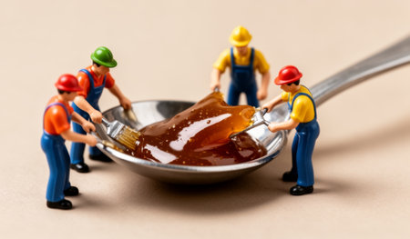 Miniature figures in colorful outfits work together to lift a blob of syrup from a large spoon. The scene captures a whimsical moment, showcasing teamwork and creativity.の写真素材