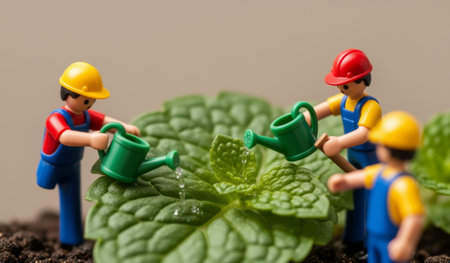 Three tiny workers in bright clothing are using green watering cans to nourish lush leaves in a garden. Their teamwork highlights the joy of caring for plants on a warm day.の写真素材