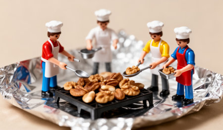 Four playful chefs in colorful outfits are busy roasting a variety of nuts on a small grill. They work together, showcasing teamwork and culinary creativity in a fun outdoor kitchen scene.の写真素材