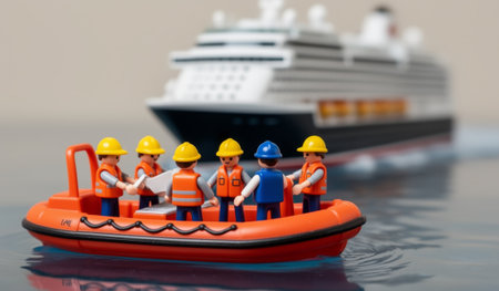 A small rescue team aboard a bright orange boat prepares to assist a large cruise ship in a calm sea. Colorful characters wear helmets and life vests, embodying teamwork and safety.の写真素材