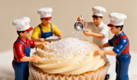 Four small figure bakers gather around a creamy cupcake, skillfully adding sugar and sprinkles. Their vibrant outfits add a joyful touch to this whimsical pastry scene.の写真素材