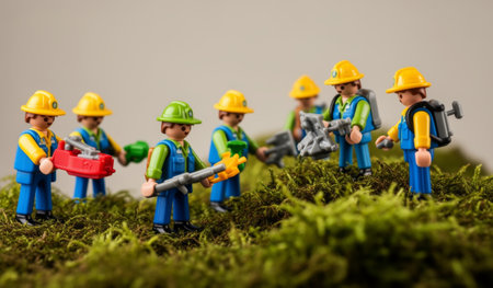 A lively scene unfolds as colorful toy workers gather on soft green moss, equipped with tools and wearing hard hats. They collaborate on an exciting project, showcasing teamwork and creativity.の写真素材