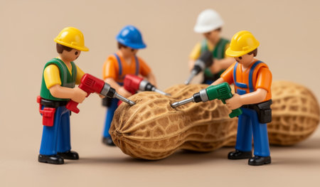 A group of four small construction workers, equipped with tools, works together around a giant peanut.の写真素材