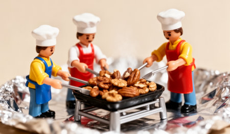 Four cheerful mini chefs wearing white hats gather around a grill, expertly cooking a variety of nuts. Their colorful aprons shine in the warm light, creating a fun atmosphere.の写真素材