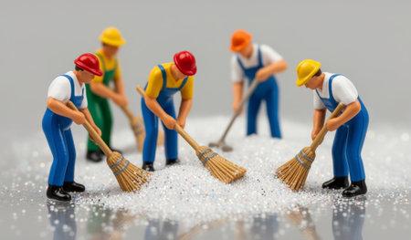 In a meticulously arranged scene, miniature figures in colorful uniforms sweep up sparkling particles with their brooms, creating a playful and vibrant atmosphere.の写真素材
