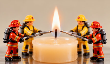 Four miniature firefighters surround a lit candle, using their extinguishing equipment to douse the flame. The warm glow contrasts with their bright uniforms in an imaginative scene.の写真素材