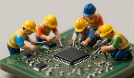 Five toy workers wearing safety helmets and vests are busy fixing a circuit board. They are equipped with tools, carefully adjusting components on the chip, showcasing teamwork in a tiny tech world.の写真素材