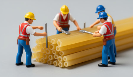 Four tiny construction workers, equipped with tools, are gathered around stacks of uncooked pasta. They are focused on creating something imaginative as they collaborate on this unique project.の写真素材