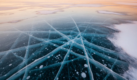 A stunning frozen lake showcases intricate ice formations and bubbles beneath the surface, illuminated by the warm glow of sunset.の写真素材