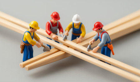 Four miniature construction workers gather around wooden planks, skillfully using tools to build something new.の写真素材