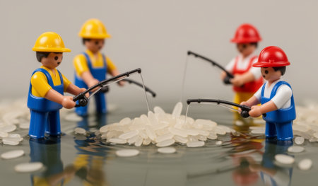 Four miniature figures, dressed in vibrant work clothes, are joyfully fishing in a unique pond of rice grains. The scene captures a lighthearted moment of teamwork and fun.の写真素材