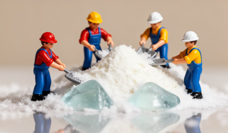 In a playful setting, four toy construction workers collaborate to create a snow mountain using white powder. They enthusiastically shovel and pile as colorful ice pieces glisten beside them.の写真素材