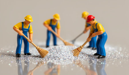 Five tiny construction workers gather around a pile of glitter, using small brooms to sweep the sparkles away. The scene captures their cheerful teamwork and imaginative playfulness.の写真素材