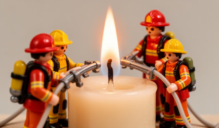 Four colorful firefighter figures stand vigil around a flickering candle, demonstrating their readiness to combat any blaze. They hold hoses, embodying collaboration in action.の写真素材