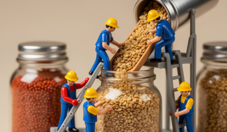 Small figurines wearing yellow hard hats work together to pour seeds into a glass jar.の写真素材