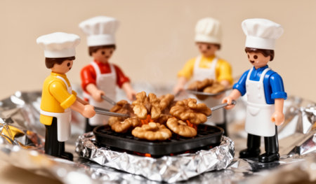 Four colorful chefs joyfully grill walnuts on a tiny barbecue, creating a lively scene of fun and creativity. This playful cooking event showcases teamwork and culinary delight.の写真素材
