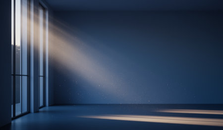 Sunlight filters gently through large windows, creating a warm atmosphere in a spacious, empty room. Dust motes float in the soft glow, adding a magical touch to the serene scene.の写真素材