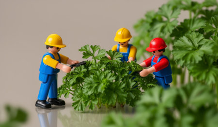 Miniature figures in hard hats work together, carefully trimming vibrant parsley plants. Their teamwork shows the joy of gardening and nurturing fresh herbs indoors.の写真素材