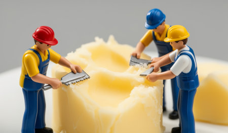 Three colorful mini figurines are focused on cutting a huge block of butter. They work together, using tools, in a bright scene that evokes creativity and teamwork.の写真素材
